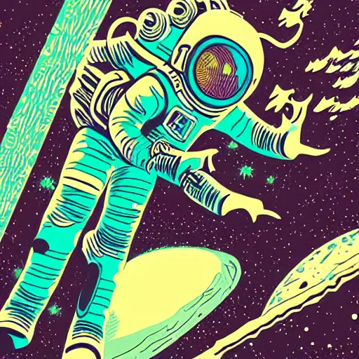 Image similar to colorful illumination animation, mcbess illustration, an astronaut drifting through space