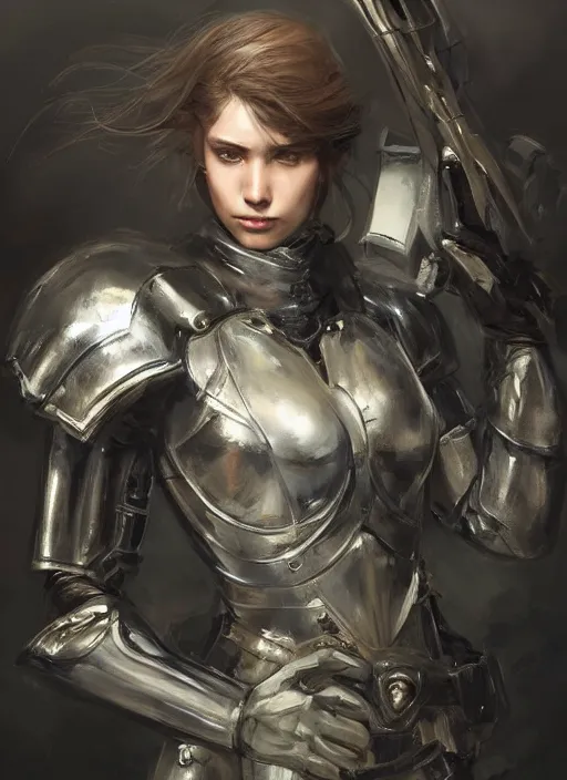 Image similar to a professional painting of a beautiful young female, clothed in military armor, olive skin, long dark hair, beautiful bone structure, symmetrical facial features, intricate, elegant, digital painting, concept art, smooth, sharp focus, illustration, from Metal Gear, by Ruan Jia and Mandy Jurgens and Artgerm and William-Adolphe Bouguerea