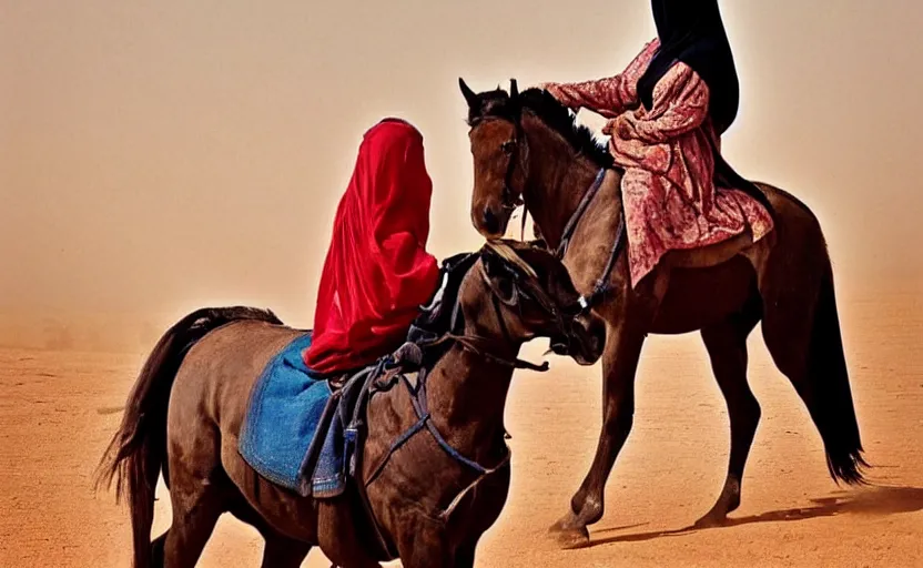 Image similar to beautiful burqa's woman, riding a horse!!! in saharan, sharp eyes, perfect dynamic posture, dust, cinematic, perfect dynamic pose, pinterest,, very perfect position, award winning photo by national geographic