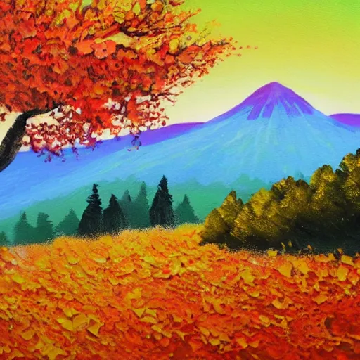 Image similar to paint acrylic a mountain with a three and a flowers field in autumn