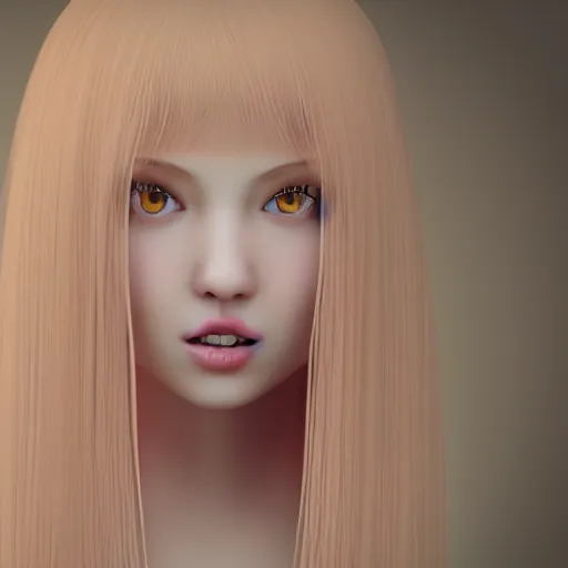 Image similar to A 3d cgi toon young woman with long pink hair, full bangs, amber eyes, pale skin, Chinese, medium shot, mid-shot, soft focus, 4k, trending on artbreeder