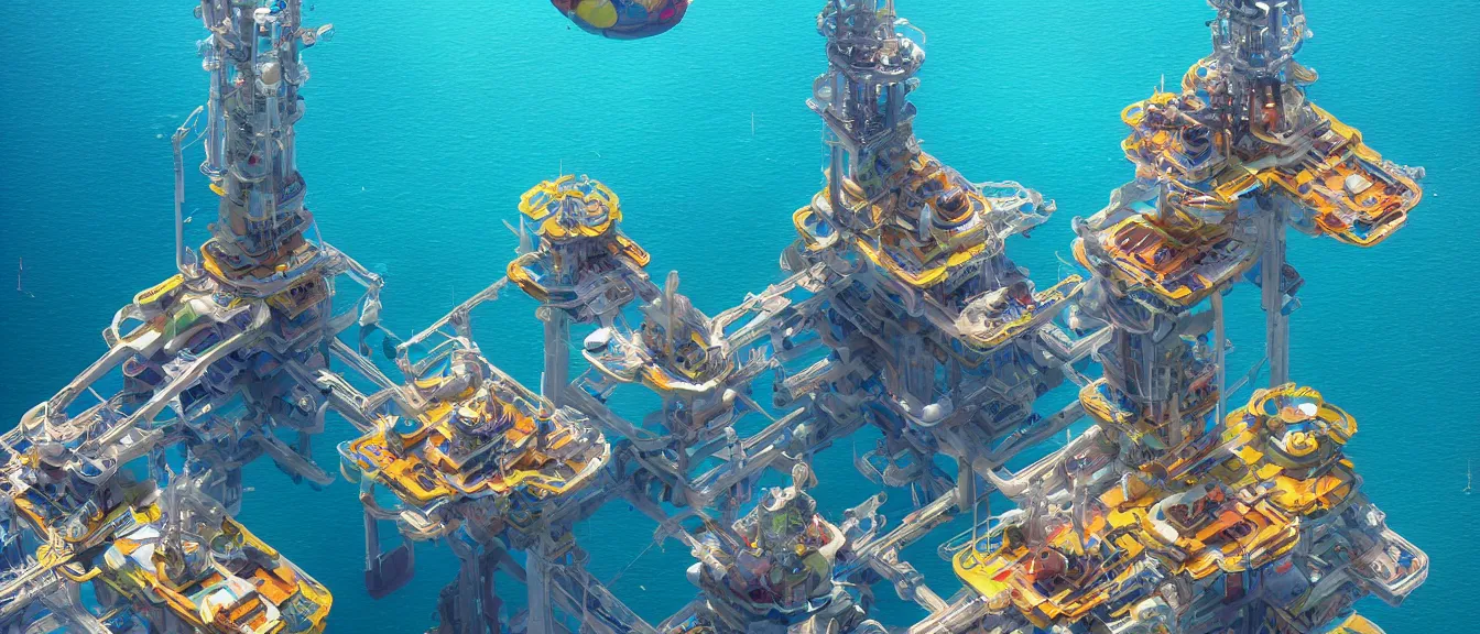 Image similar to futuristic oil platform on a colorful ocean, unreal engine, fantasy art by greg, loish, rhads, ferdinand knab, makoto shinkai, lois van baarle, ilya kuvshinov, rossdraws, tom bagshaw, global illumination, radiant light, highly detailed intricate environment, isometric, onstudio ghibli, octane render, 8 k