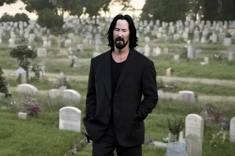 Image similar to film still of keanu reeves crying in a cemetery in a new sad movie keanu grieves