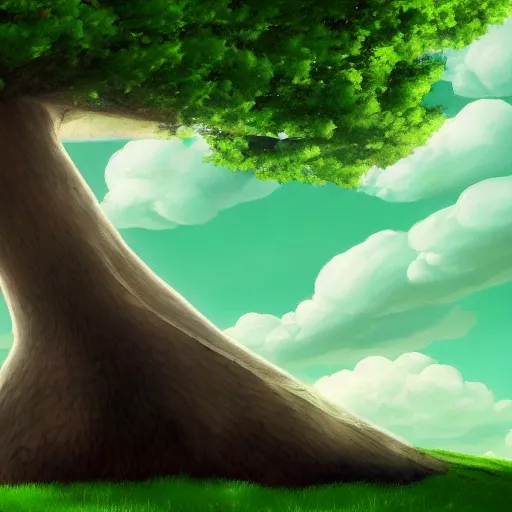 Image similar to big white whale flying near giant tree in the green field, anime, HD,