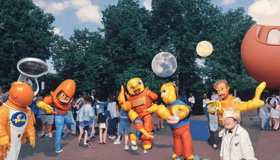 Prompt: 1990s candid photo of a beautiful day at the park, cinematic lighting, cinematic look, golden hour, large costumed mascot business people giving spaceship presentations to families, Enormous personified business people with outstandingly happy faces coming out of a portal and talking to families about space and planets, UHD