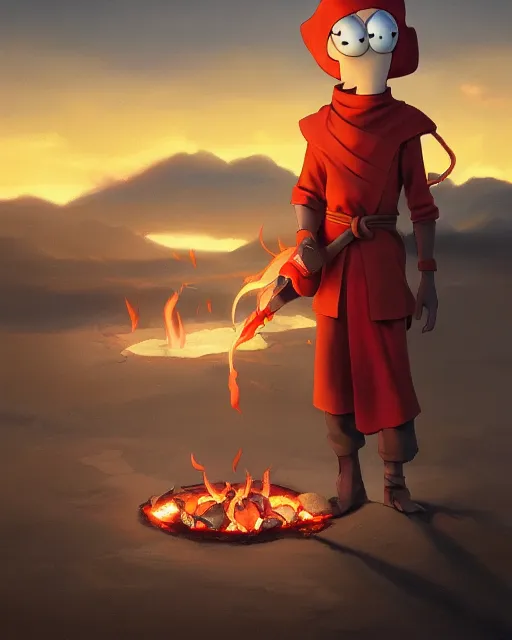 Prompt: squidward wearing fire nation clothing and practicing firebendingoutside at susnset, oil painting, highly detailed, intricate, hd, sharp focus, photorealistic, by moebius and greg rutkowski, trending on artstation, trending on cgsociety, realistic shading and lighting