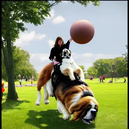 Image similar to girl riding a giant saint Bernard at the park that is catching a ball, trending on artstation