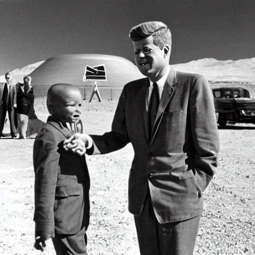 Image similar to archive footage still of John F Kennedy shaking hands with an alien in front of Area 51 at mid day