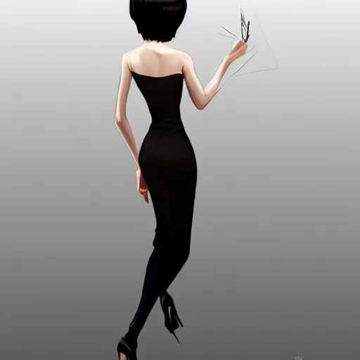 Image similar to slim girl in tuxedo with short black hair, elegant, 2d, ultra highly detailed, digital painting, smooth, sharp focus, artstation, art by Ilya Kuvshinov