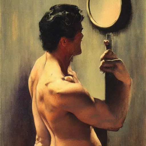 Image similar to a man looking in a mirror, frank frazetta