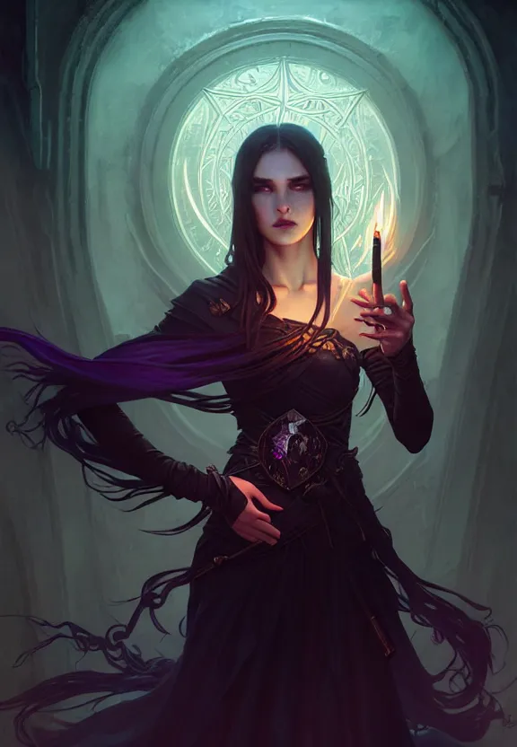 Image similar to Necromancer Sorceress in center, fantasy magic, undercut hairstyle, dark light night, intricate, elegant, sharp focus, illustration, highly detailed, digital painting, concept art, matte, art by WLOP and Artgerm and Greg Rutkowski and Alphonse Mucha, masterpiece