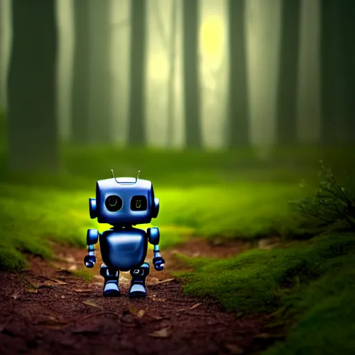 Image similar to a cute little robot in a wood. super realistic 8 k render of a dark hooded powerful elegant, cinematic composition