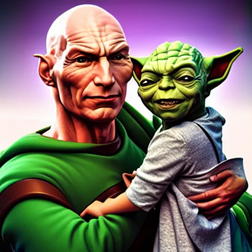 Prompt: a hyper real comic book style portait painting of captain picard with baby yoda on his chest, unreal 5, hyperrealistic, octane render, cosplay, rpg portrait, dynamic lighting