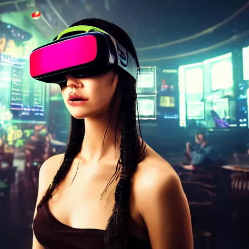 Image similar to a high quality portrait of a beautiful stunning pirate in a cyberpunk cyberpunk cyberpunk cafe wearing a VR visor, realism, 8k, award winning photo