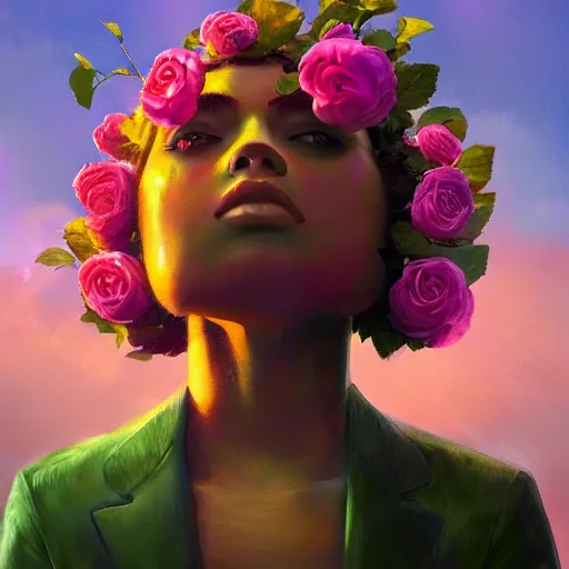 Image similar to closeup, huge rose flower head, frontal, a girl in suit, surreal photography, sunrise, dramatic light, impressionist painting, digital painting, artstation, simon stalenhag