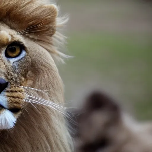 Prompt: 4k photo of a lion and a Persian cat staring in camera, nikon, extremely detailed, aperture, F2.8