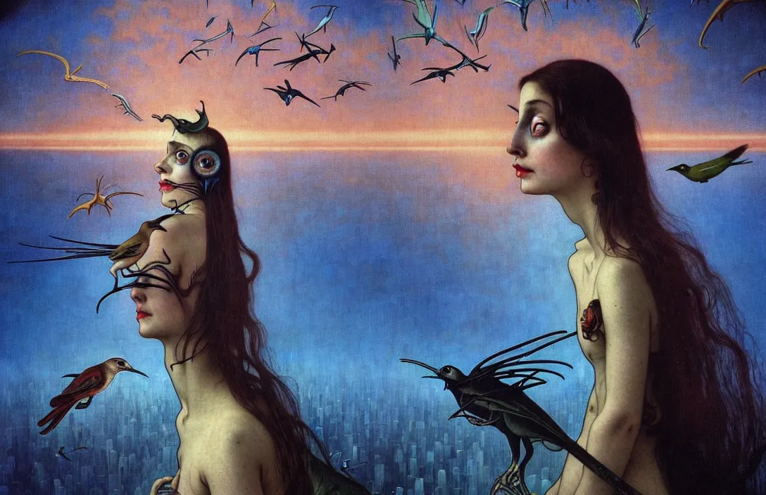 Image similar to realistic detailed portrait movie shot of a birdgirl wearing a dark dress, sci fi city landscape background by denis villeneuve, amano, yves tanguy, alphonse mucha, ernst haeckel, max ernst, roger dean, masterpiece, rich moody colours, dog teeth, blue eyes, sunset