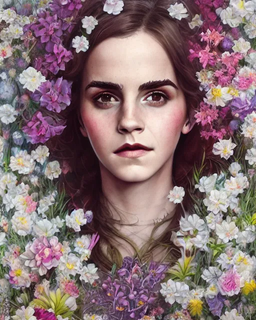 Image similar to portrait of emma watson, surrounded by flowers by karol bak, james jean, tom bagshaw, rococo, sharp focus, trending on artstation, cinematic lighting, hyper realism, octane render, 8 k, hyper detailed.