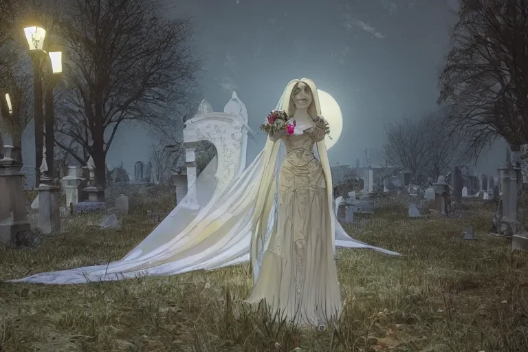 Image similar to an ultra detailed animation of a ghost bride in a graveyard at midnight on halloween, digital art, dark fantasy, concept art, soulslike, by alphonse mucha, blood moon eclipse, ruined building in the background, artstation, 8 k, unreal engine render