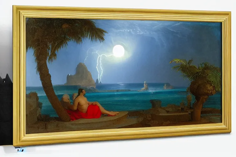 Image similar to The giant greek arch, refracted moon on the ocean, thunderstorm, greek pool, beach and Tropical vegetation on the background major arcana sky and occult symbols, by paul delaroche, hyperrealistic 4k uhd, award-winning, very detailed paradise