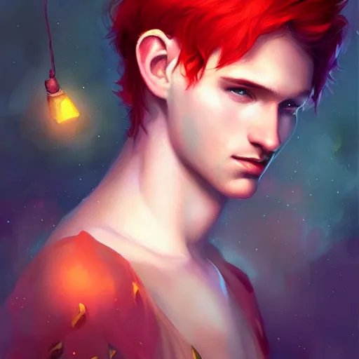 Prompt: colorful and Festive Captivating Fairy boy with red hair portrait, atmospheric lighting, painted, intricate, highly detailed by Charlie Bowater