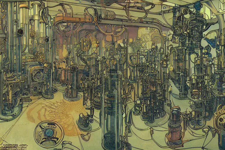 Image similar to steampunk lab room filled with big vapor tubes and alchemy equipment, mad scientist working, giant screens, sci - fi vending machine, retrofuturism, concept art by mucha and moebius and victo ngai, clean line, diesel punk