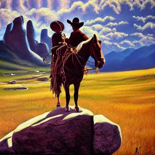 Image similar to surreal painting from a cowboy without a horse in front of the rocky mountains