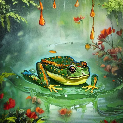 Prompt: a beautiful painting of singular frog frog dripping garden, trending on artstation