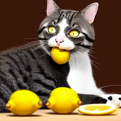 Image similar to a cat eating a lemon in disgust, photorealistic, 4K