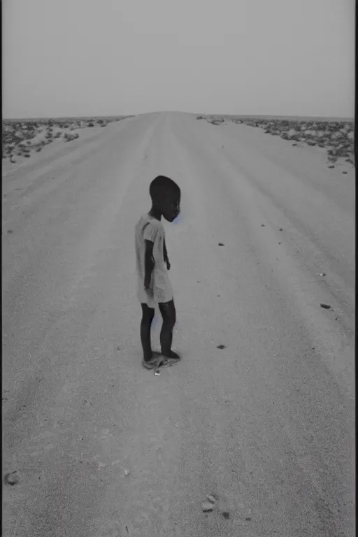 Image similar to photo polaroid of sad and lonely child in the middle of the street, sahara desert, loneliness, black and white ,photorealistic, 35mm film,