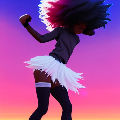 Image similar to portrait of black anime manga girl, throwing punch pose towards camera, french bob hair, white hair, by gustave dore, vaporwave colors, lofi colors, vaporwave, lofi, goth vibe, 4 k, smooth, hd, substance designer render, full body character concept art, 2 point lighting,