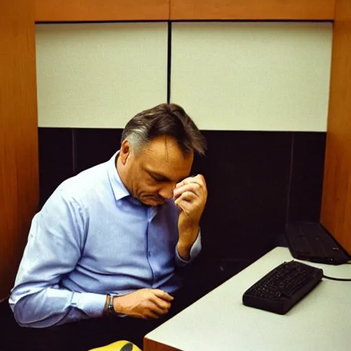 Image similar to viktor orban programming a computer in a cubicle, oil painting