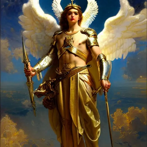 Image similar to saint michael the angel, guarding the world from evil. highly detailed painting by gaston bussiere, greg rutkowski, j c leyendecker 8 k