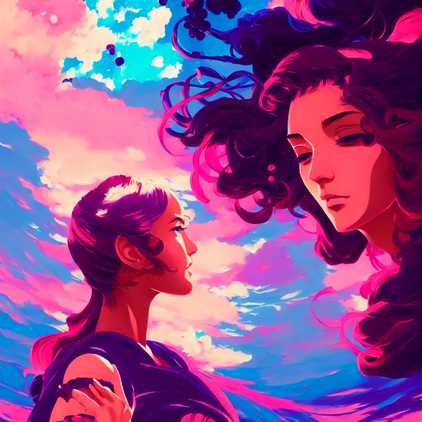 Image similar to side profile macro portrait, medium shot, supermodel anime girl with synthwave flower, gloomhaven, colorful swirly retrowave style fantasy poster, by greg manchess, lois van baarle, sachin teng, greg rutkowski, jesper ejsing, ilya kuvshinov, extremely detailed 4 k,