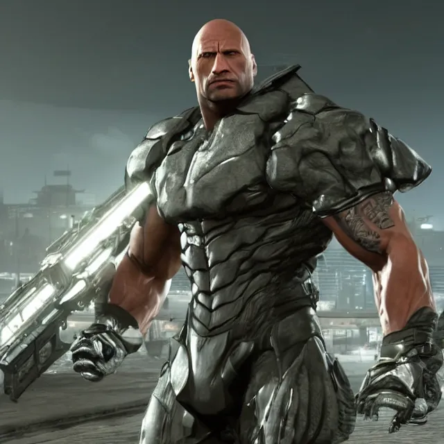 Image similar to Dwayne Douglas Johnson as a Senator Armstrong from Metal Gear Rising: Revengeance, unreal engine 5, cinematic, smooth lighting, octane render