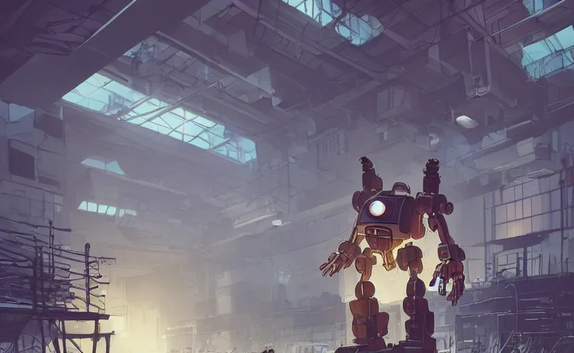 Image similar to a huge broken robot standing in a mess warehouse, crystal lights, sci - fi atmosphere, cel - shading, cinematic, artstation, studio ghibli, miyazaki, highly details