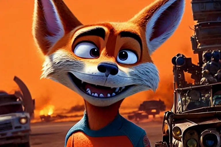 Image similar to nick wilde ( from zootopia ), heavily armed and armored facing down armageddon in a dark and gritty reboot from the makers of mad max : fury road