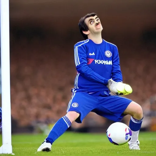 Image similar to Mr bean as Chelsea goalkeeper