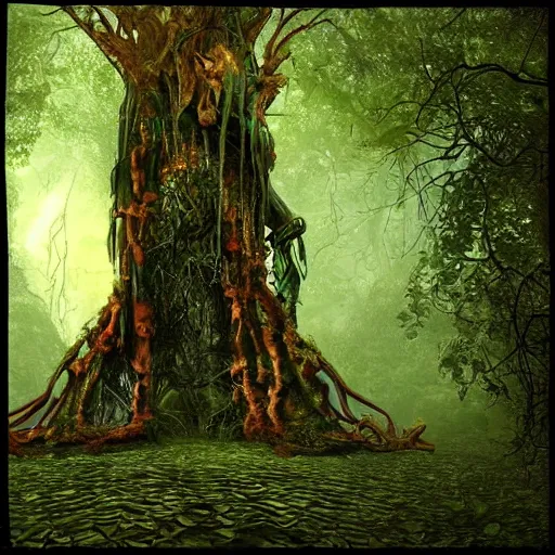 Prompt: horrific portal to hades embedded in a creepy tree in a densely overgrown, sombre, magical jungle, fantasy, dreamlike sunraise, ultra realistic, atmospheric, stopped in time, epic