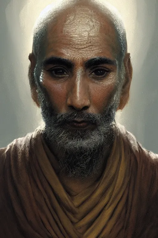 Image similar to hindu monk, close - up portrait, devoted, intricate, elegant, volumetric lighting, scenery, digital painting, highly detailed, artstation, sharp focus, illustration, concept art, ruan jia, steve mccurry