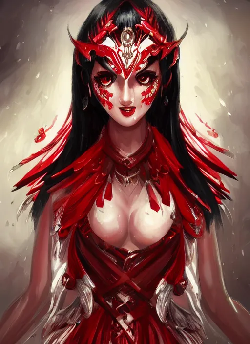 Image similar to a highly detailed illustration of beautiful long hime cut black hair woman wearing a red battle dress, red eyes, dramatic smile pose, intricate, elegant, highly detailed, centered, digital painting, artstation, concept art, smooth, sharp focus, league of legends concept art, WLOP