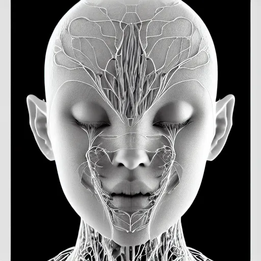 Prompt: achromatic 3D render of one beautiful face portrait of a female vegetal-dragon-cyborg, 150 mm, magnolia stems, black butterflies, fine lace, Mandelbrot fractal, anatomical, flesh, facial muscles, cable wires, microchip, veins, arteries, full frame, microscopic, elegant, highly detailed, flesh ornate, high fashion, rim light, octane render in the style of H.R. Giger and Man Ray