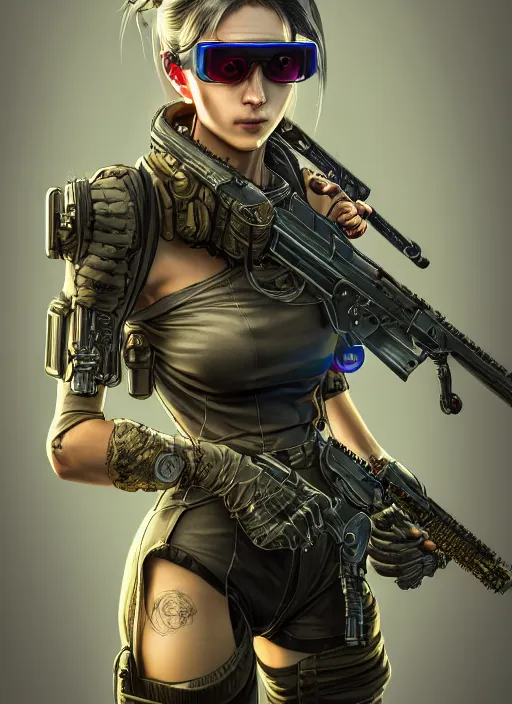 Image similar to the portrait of lawful neutral female cyberpunk marine sniper as absurdly beautiful, gorgeous, elegant, young gravure idol, an ultrafine hyperdetailed illustration by kim jung gi, irakli nadar, intricate linework, bright colors, octopath traveler, final fantasy, unreal engine 5 highly rendered, global illumination, radiant light, detailed and intricate environment