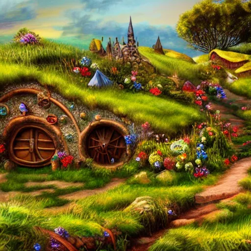 Prompt: hobbiton landscape with abnoxious jewels all around, fantasy, rock, high detail