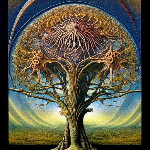 Image similar to tree of life by roger dean and andrew ferez, art forms of nature by ernst haeckel, divine chaos engine, symbolist, visionary, art nouveau, botanical fractal structures, organic, detailed, realistic, surreality