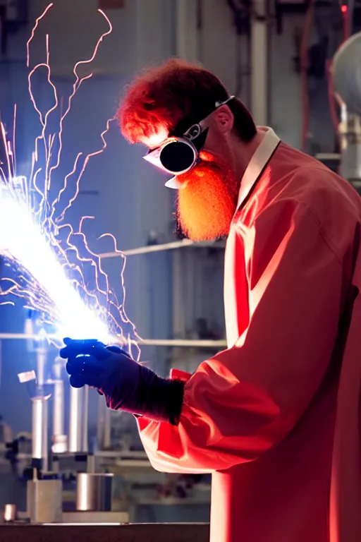 Prompt: an awkwardly tall scientist with 3 eyes and a tangled beard and unruly red hair atop his balding head wearing a labcoat and welding goggles and holding a beaker, high resolution film still, movie by Ivan Reitman