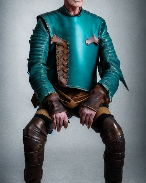 Prompt: an award - winning photo of a ancient male model wearing a baggy teal distressed medieval designer menswear leather jacket slightly inspired by medieval armour, 4 k, studio lighting, wide angle lens