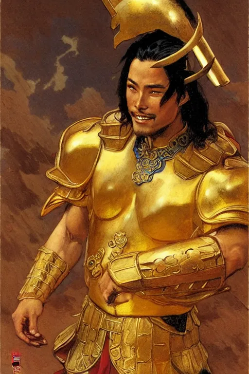 Prompt: tales of earthsea, attractive muscular male with golden armor, ming dynasty, character design, painting by gaston bussiere, craig mullins, j. c. leyendecker, tom of finland