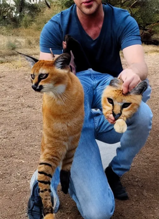 Prompt: Ryan Gosling holds a caracal cat in his hands