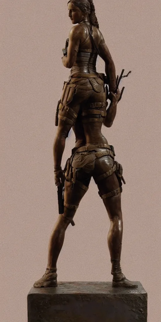 Image similar to detailed photo of an old bronze patina statue of beautiful lara croft posing for a full body portrait, photorealism, intricate detail, museum diffuse lighting